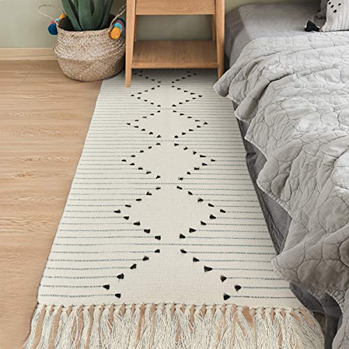 Yugarlibi Baumwoll Teppich, Bedruckte Moderne Handgewebt Teppiche Läufer mit Quasten, Waschbar Teppiche für Schlafzimmer Wohnzimmer Küche, Weiß, 60 x 130 cm von Yugarlibi