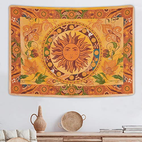 Yugarlibi Brennende Sonne Wandteppich Frühling Blumen Vintage Wandbehang Orange Konstellation Wandteppich für Schlafzimmer Wohnzimmer 150x130cm von Yugarlibi
