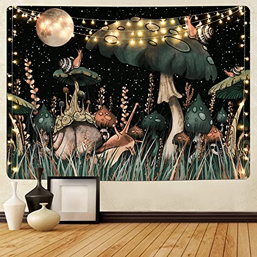 Yugarlibi Pilz Wandteppich Schwarz Wald Schnecke Wandbehang Mond Sterne Pflanzen Wandtuch Wandkunst Tapisserie für Schlafzimmer Wohnzimmer 150x150cm von Yugarlibi
