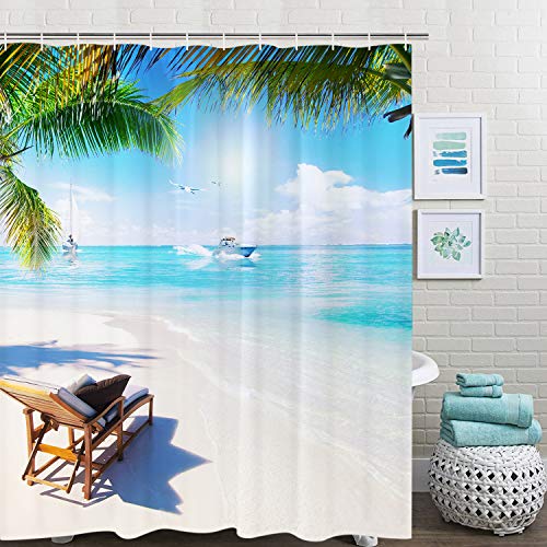 Yugarlibi Strand Meer Blau Grün Duschvorhang, Antischimmel Wasserdicht Stoff Textil Duschvorhänge, Sonne Himmel Wolken Abwaschbar Shower Curtain, 180x200 cm von Yugarlibi