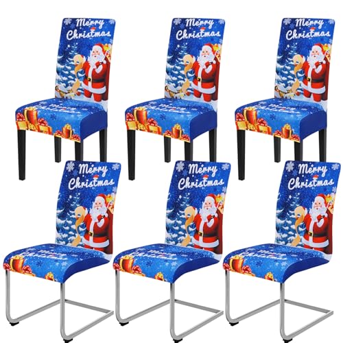 Yugarlibi Weihnachten Stretch Stuhlhussen 6er Set Stuhlbezug Schwingstuhl Universal Elastische Esszimmerstühle Bezug Xmas Waschbare Stühle Schutz für Esszimmer Hotel Party (6 Stück, Blau) von Yugarlibi