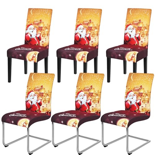 Yugarlibi Weihnachten Stretch Stuhlhussen 6er Set Stuhlbezug Schwingstuhl Universal Elastische Esszimmerstühle Bezug Xmas Waschbare Stühle Schutz für Esszimmer Hotel Party (6 Stück, Rot Gold) von Yugarlibi