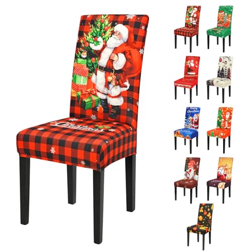 Yugarlibi Weihnachten Stretch Stuhlhussen 6er Set Weihnachtsmann Stuhlbezug Schwingstuhl Universal Elastische Hussen Abnehmbare Waschbare Stühle Schutz für Esszimmer Hotel Party (6 Stück, Kariert) von Yugarlibi