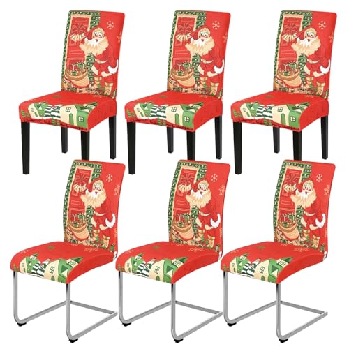 Yugarlibi Weihnachten Stretch Stuhlhussen Schwingstuhl 4er/6er Set Stuhlbezug Universal Elastische Xmas Waschbarer Stühle Schutz für Küche Hotel Party Esszimmer (6er Set, Weihnachtsmann & Geschenk) von Yugarlibi