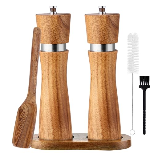 Salz und Pfeffermühle Holz Set Manuell Pfeffermühle Gewürzmühle Holz Salzmühle Keramikmahlwerk mit Untersetzer+Löffel+Einigungsbürste (Holz + Edelstahl Ringe) von Yugefom