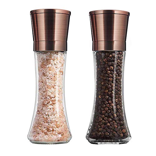 Salzmühle und Pfeffermühle Set Premium Edelstahl Salz- und Pfefferstreuer mit einstellbarer Grobität Salz und Pfeffermühlen aus Glas Gewürzmühle mit Keramikmahlwerk (Groß Rose Gold 2er-Pack) von Yugefom