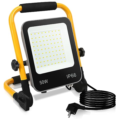 Yugodex LED Baustrahler,50W Arbeitsleuchte,LED Strahler mit stecker,5100LM Baustrahler mit 3M Kabel 6000K Kaltweiß Baustrahler Grau-gelb Arbeitsscheinwerfer IP66 von Yugodex