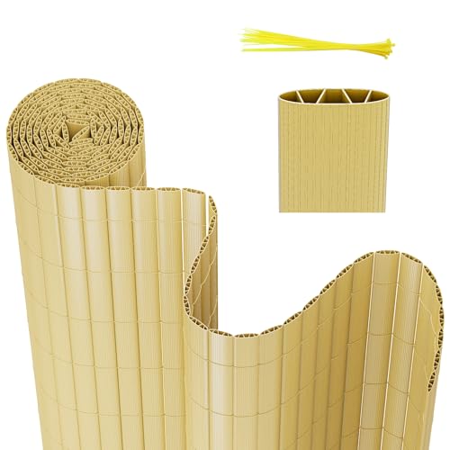 Yugodex PVC Sichtschutzmatte Sichtschutzzaun 140 x 300 cm Standard Sichtschutz W-Struktur Verstärkung Innen, Balkonverkleidung mit Kabelbindern Windschutz Wetterfest, Bambus von Yugodex