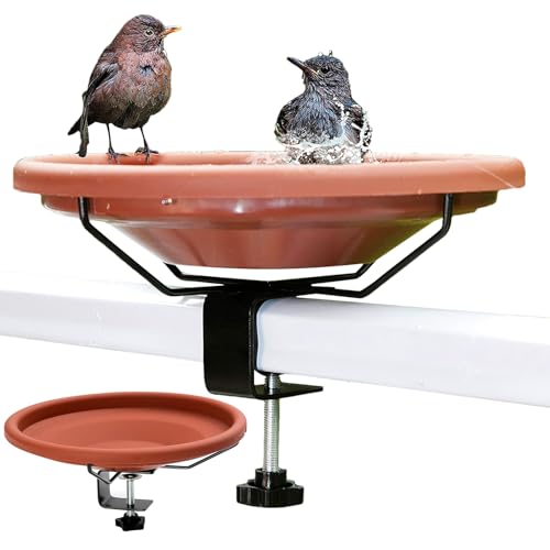 Balkon Vogelbad Set, Deckmontierter Vogelbadkörper mit Entfernbarem Badnapf Vogelfuttergeber mit Verstellbarem Sockel Muster im Badnapf Wird zufällig zugewiesen von Yugugomo