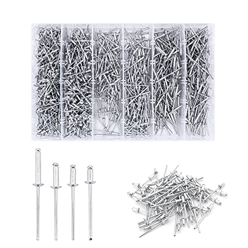 Yuhtech 1000 Pcs 4 Größen Aluminium-Kuppelkopf-Blindnieten 3.2 x 6mm, 3.2 x 8mm, 3.2 x 10mm, 3.2 x 15mm Pop-Nieten Sortiments-Set für Metall Holz Kunststoff von Yuhtech
