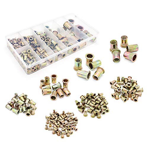 Yuhtech 165 Pcs Gemischte Nietmutter aus Kohlenstoffstahl, Nietmutter Werkzeug Flachkopf Gewinde Rivet Nutsert Cap Sortiment kit von Yuhtech