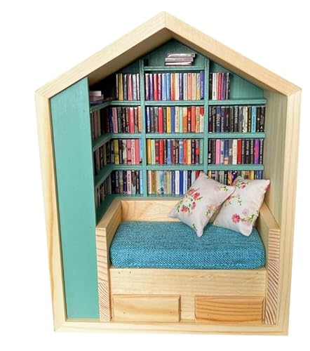 Yuhtech Angst-Bücherregal, Shake Away Your Anxietys Bücherregal, Mini-Bücherregal mit 200 Minibüchern, Stress Reliever, Holz Miniatur Bibliothek, Bücherregal Ornament (1, Hausform) von Yuhtech
