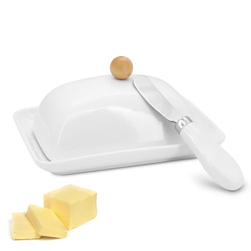 Yuhtech Butterdose mit Deckel und Messer, Butter Dose aus Keramik mit Griff, Butterschale Porzellan Butterbox Butterschälchen für 250g Butter von Yuhtech