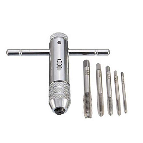 Yuhtech Gewindebohrer Set, 5 Pcs T-Griff Ratchet Tap Halterschlüssel T-Griff-Gewindeschneider M3-M8 mit Verschiebbarem Griff von Yuhtech