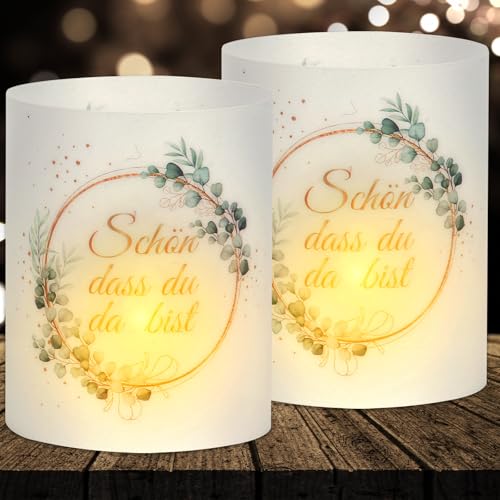 16 Stück Windlicht Tischdeko Schön DASS du da bist, Teelichter Eukalyptus Grün Deko, Windlichter Taufe Kommunion Tischdeko, Lichthülle Taufe Konfirmation Junge Mädchen Erstkommunion Baby Shower Deko von Yuhudany