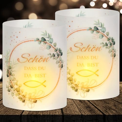 16 Windlicht Tischdeko, Deko Kommunion Konfirmation Taufe Firmung, Erstkommunion Deko Mädchen, Taufdeko Junge, Kommunion Gastgeschenke, Schön DASS Du Da Bist, Geeignet für Teelichter oder Kerzen von Yuhudany