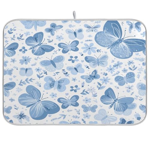 Abtropfmatte, niedliche blaue Schmetterlinge und Blumen, Pastellfarben, 40,6 x 45,7 cm, Thekenmatten für Küche, Abtropfgestell, Tuch, saugfähige Matte von Yuiboo