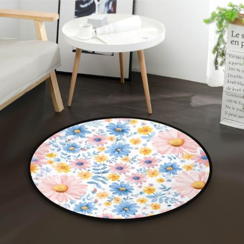 Haustierfreundlicher Teppich, 91 cm, rund, Aquarell-Blumen, bunte Gänseblümchen, fusselfrei, pflegeleicht, 91 cm, weich, rund, für Raumdekoration von Yuiboo