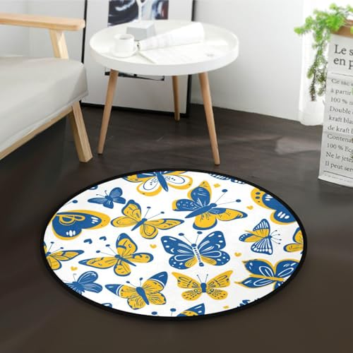Haustierfreundlicher Teppich, 91 cm, rund, niedlich, Schmetterlinge in Blau / Gelb, rutschfest, für Kinder und Haustiere von Yuiboo