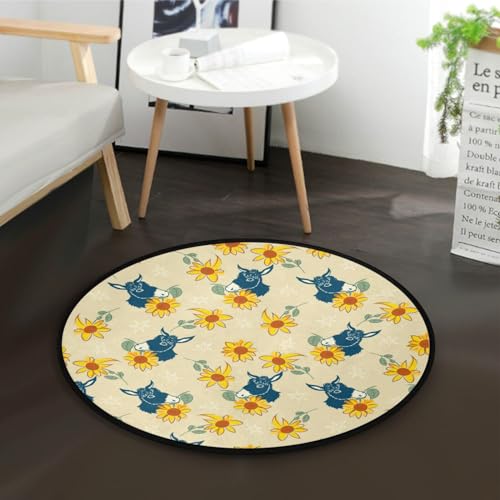 Kreisteppich, 91 cm, Esel, Sonnenblumen, Blumen, Gelb, rutschfest, waschbar, 91 cm, für Kinder und Haustiere von Yuiboo