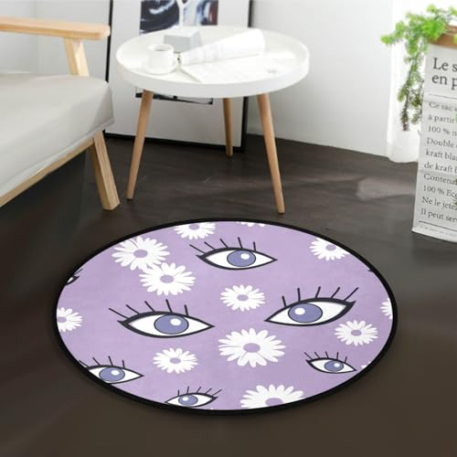 Runder kleiner Teppich, Böse Augen, Gänseblümchen, violette Blume, waschbar, Boden-Teppich, Yogamatte für Heimdekoration, Innenbereich, 91 x 90 cm, rund von Yuiboo