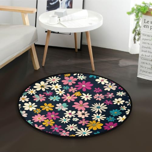 Runder kleiner Teppich, bunte Blumen, Gänseblümchen, schwarz, rutschfest, waschbar, Bodenmatten für Küche, 91 cm Durchmesser, freundlicher Teppich für Kinder und Haustiere von Yuiboo