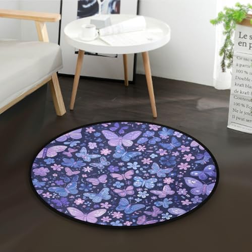Teppich, rund, Retro-Blumen, Blau, Lila, Schmetterlinge, Pastellfarben, rutschfeste Bodenmatten, rund, Teppichfreundlich, für Kinder und Haustiere von Yuiboo