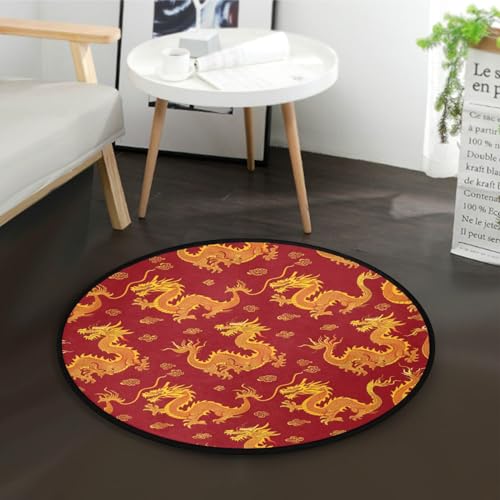 Teppich, rund, traditionell, chinesische Drachen, leicht zu reinigen, fusselfrei, für Kinder und Haustiere von Yuiboo