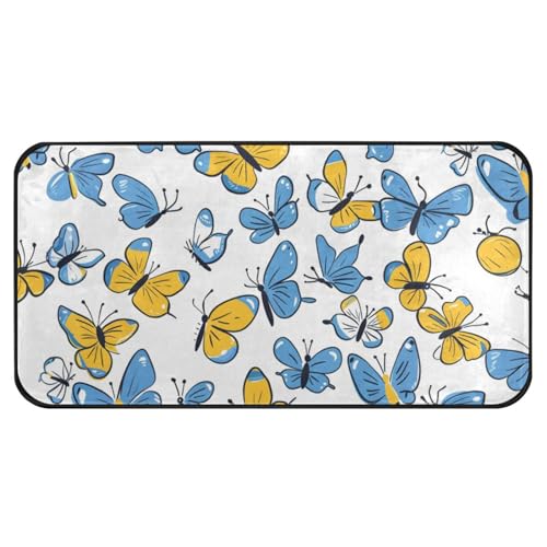 Waschküchenteppich, niedliche Schmetterlinge, blau-gelbe Kritzeleien, rutschfeste Bodenmatten, Wasch- und Trockner-Teppich für Waschküche, Waschküche, Waschküche, 99 x 50 cm von Yuiboo