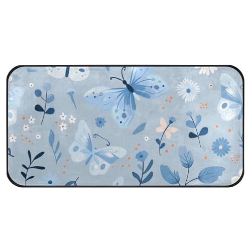 Waschküchenteppich, niedliche Schmetterlinge und Blumen, Pastellblau, rutschfeste Bodenmatte, Bauernhaus, Wäscheteppiche für Badezimmer, Küche, Schlamm, 99 x 50 cm von Yuiboo