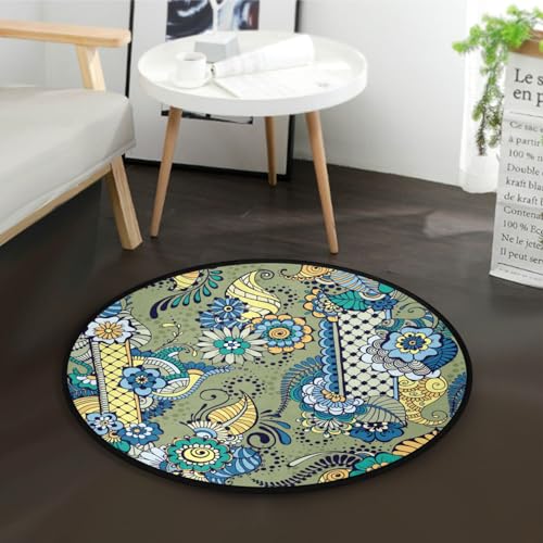 Yuiboo Circle Rug Teppich, 91 cm, Blume, traditionell, indisch, dekorativ, leicht zu reinigen, fusselfrei, für Wohnzimmer, Schlafzimmer, 91 x 90 cm von Yuiboo