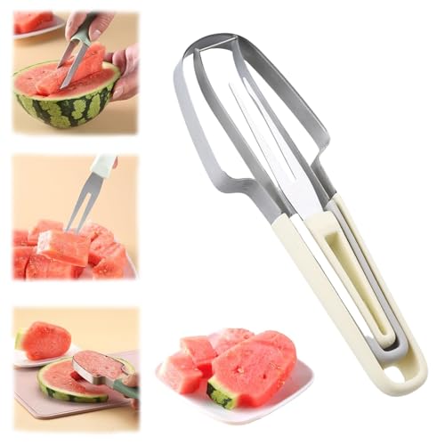 Yuiopmo 2024 Neu Wassermelonengabel-Schneidewerkzeug, 3-in-1 Obstschneider aus Edelstahl, Doppelkopf-Obstgabeln-Schneidemesser mit rundem Griff, Sommer Wassermelonen-Fruchtschneidegabel (Beige) von Yuiopmo