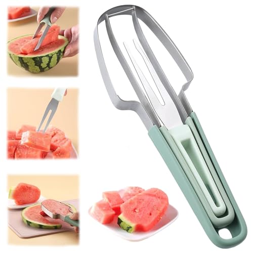 Yuiopmo 2024 Neu Wassermelonengabel-Schneidewerkzeug, 3-in-1 Obstschneider aus Edelstahl, Doppelkopf-Obstgabeln-Schneidemesser mit rundem Griff, Sommer Wassermelonen-Fruchtschneidegabel (Grün) von Yuiopmo