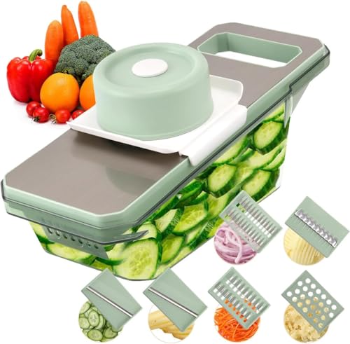 Yuirshion Gemüsehobel Edelstahl,7 in 1 Multifunktional Panel Gemüsehobel,Leicht Abtropfender Vegetable Chopper Dicer,Mit Abflusskorb und 6 Klingen-Grün von Yuirshion
