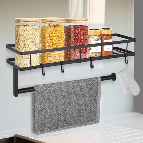 Yuirshion Gewürzregal Wand Küchenregal Ohne Bohren,Gewürzregal Hängend Schwarz mit Küchenrollenhalter und 4 Abnehmbaren Haken,Küchen Gewürzregal Schublade Spice Rack,40cm für Küche Bad Schranktür von Yuirshion