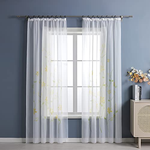 Yujiao Mao Voile Gardine mit Blumendruck Flowers farbenfrohe Vorhänge Schal mit Kräuselband 1er Pack Gelb BxH 150x175cm von Yujiao Mao