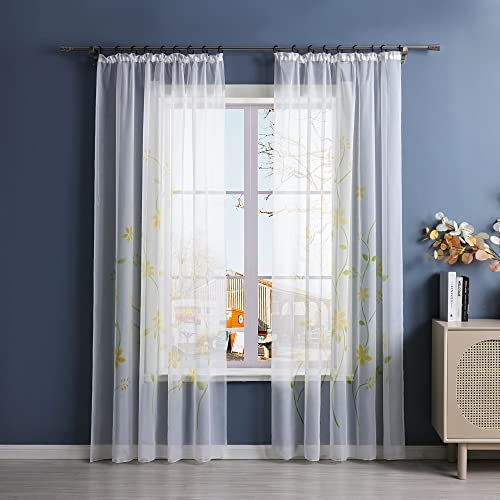 Yujiao Mao Voile Gardine mit Blumendruck Flowers farbenfrohe Vorhänge Schal mit Kräuselband 1er Pack Gelb BxH 150x225cm von Yujiao Mao