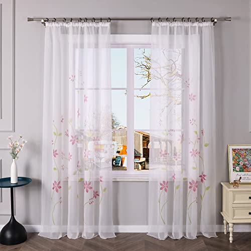 Yujiao Mao Voile Gardine mit Blumendruck Flowers farbenfrohe Vorhänge Schal mit Kräuselband 1er Pack Pink BxH 150x145cm von Yujiao Mao