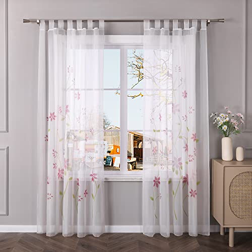 Yujiao Mao Voile Gardine mit Blumendruck Flowers farbenfrohe Vorhänge Schal mit Schlaufen 1er Pack Pink BxH 150x145cm von Yujiao Mao