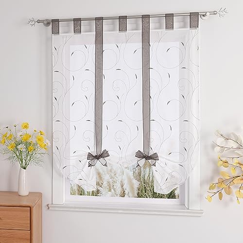 1er-Pack Voile Stickerei Bindegardine mit Schlaufen Raffrollos, Weiß Grau, B/H: 100/140cm von Yujiao Mao