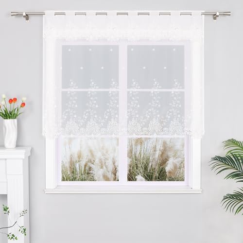 Yujiao Mao 2er Pack Halbtransparent Besticke Weiß Blumen Scheibengardine Küchen Vorhang Tür Gardine J13 HxB 30cmx150cm+120cmx150cm von Yujiao Mao