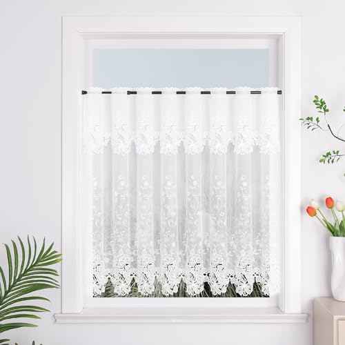 Yujiao Mao 2er Pack Halbtransparent Besticke Weiß Blumen Scheibengardine Küchen Vorhang Tür Gardine J13 HxB 30cmx150cm+90cmx150cm von Yujiao Mao