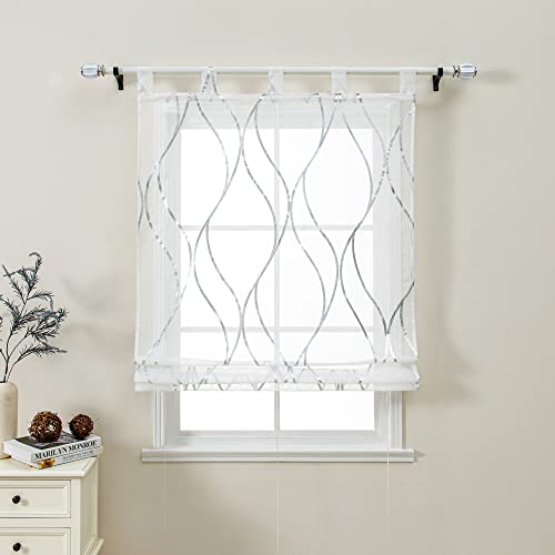 Voile Raffrollo glänzenden Streifen Muster (1 Stück) transparente Kleinfenster Raffgardine mit Schlaufen Küchengardine Wohnzimmer Gardinenschal Silber BxH 120x150cm von Yujiao Mao
