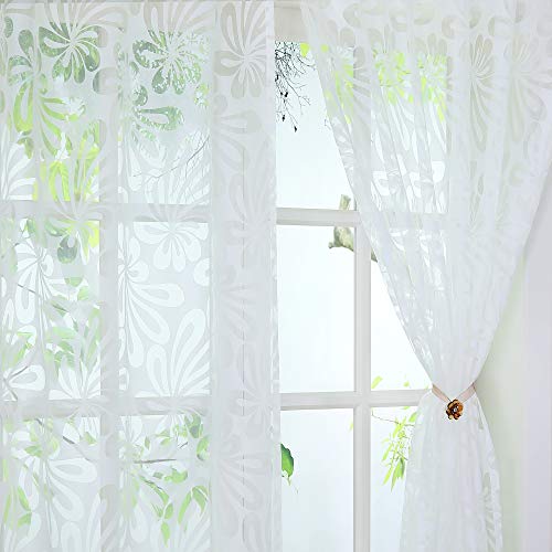 Yujiao Mao 1er-Pack Ausbrenner Gardine mit Floral Muster transparenter Voile Vorhang mit Schlaufen Dekoschal für Wohnzimmer Schlafzimmer, BxH 140x145cm, Weiß von Yujiao Mao