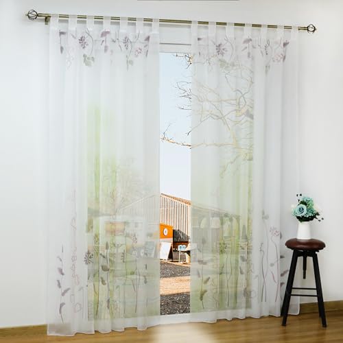 Yujiao Mao Gedruckte Gardine Schlaufen Vorhang Voile transparente Gardine Wohnzimmer Balkon Schaufenster Gardine 1 Stück, Grau/Violett mit Schlaufen, BxH 150x175cm von Yujiao Mao