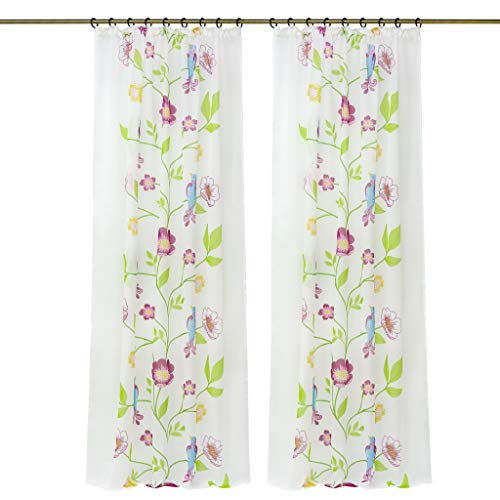 Yujiao Mao Halbtransparent bunt Vorhang mit dekorativem Blumen- Vogel- Muster 1er- Pack Voile Deko Gardine mit Kräuselband, BxH 140x145cm von Yujiao Mao