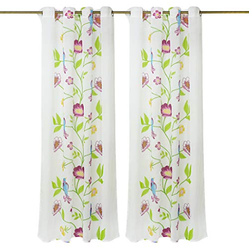 Yujiao Mao Halbtransparent bunt Vorhang mit dekorativem Blumen- Vogel- Muster 1er- Pack Voile Deko Gardine mit Ösen, BxH 140x145cm von Yujiao Mao