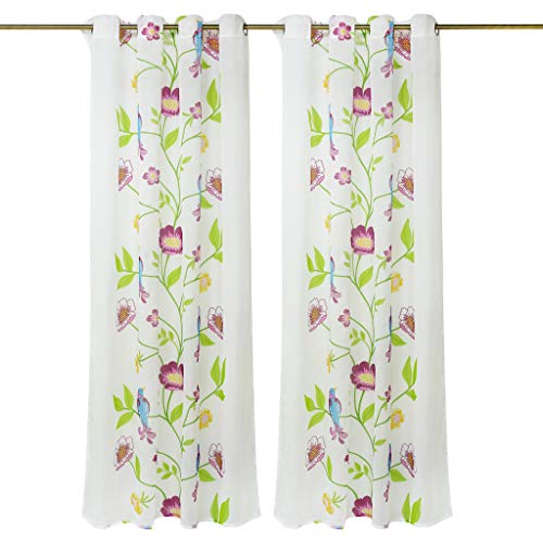 Yujiao Mao Halbtransparent bunt Vorhang mit dekorativem Blumen- Vogel- Muster 1er- Pack Voile Deko Gardine mit Ösen, BxH 140x175cm von Yujiao Mao