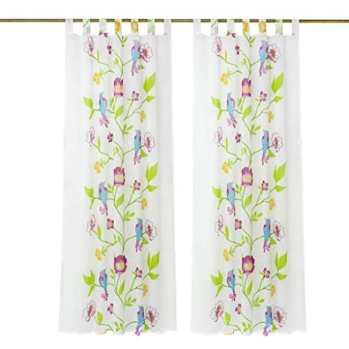 Yujiao Mao Halbtransparent bunt Vorhang mit dekorativem Blumen- Vogel- Muster 1er- Pack Voile Deko Gardine mit Schlaufen, BxH 140x225cm von Yujiao Mao