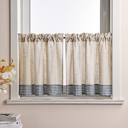 Yujiao Mao Leinenoptik Bistrogardine Landhausstil halbtransparente Scheibengardine mit Karo Muster Retro Caféhaus mit Tunnelzug 2er Set, Blau BxH 60x90cm von Yujiao Mao